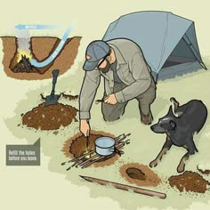 a man kneeling down next to a dog in front of a tent and fire pit