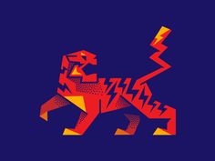 a stylized image of a lion on a blue background with red and yellow lines in the shape of lightning bolts