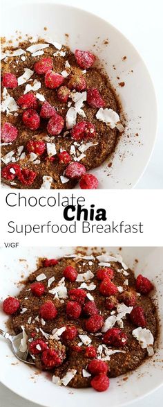 chocolate chia superfood breakfast with raspberries and coconut flakes on top