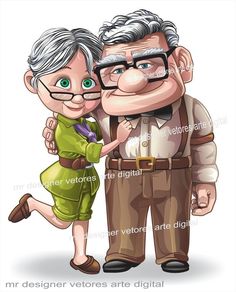 an old man and woman hugging each other with glasses on their heads, in front of white