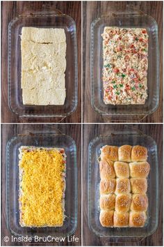 four pictures showing different types of food in baking pans, including bread and cheese