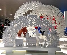 an intricately designed display in a building with snowflakes on the top and bottom