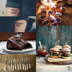 a collage of pictures with different foods and words on their arms, including hamburgers