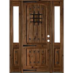 the front door is made from wood and has two sidelights on each side, one with