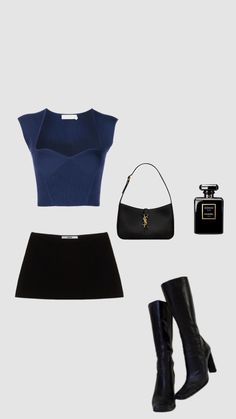 Classy Mini Skirt Outfit, Ootd Mini Skirt, Black And Blue Outfit Aesthetic, Navy Mini Skirt Outfit, Chanel Winter Outfits, Mini Black Skirt Outfit, Blue Mini Skirt Outfit, Mini Skirt And Boots Outfit, Outfit Idea Y2k