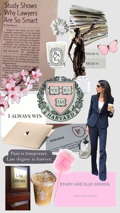 a collage of images with pink flowers and items from the law office, including a woman in a blue suit