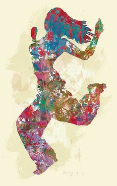 the silhouette of a woman is painted in watercolors and has her arms spread out