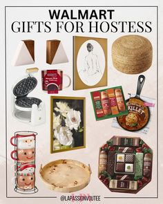 the cover of walmart gifts for hostesss is shown with pictures and other items