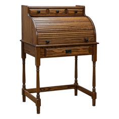 an old fashioned wooden desk with drawers on the top and bottom, in front of a white background