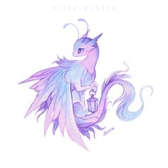 a drawing of a purple and blue dragon with a lantern in it's hand