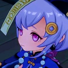 an anime character with purple hair and blue eyes wearing a uniform that has gold buttons on it's collar