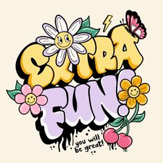 the words papa fun are painted in yellow and purple with flowers, butterflies, and lightning