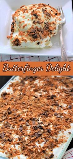 two different views of a dessert dish with whipped cream and chocolate toppings