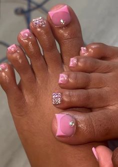 2000s Pedicure, Acrylic Toes With Rhinestones, Y2k Toenails, Feet Designs Toenails, Black Acrylic Toe Nails, Light Pink Toe Nails, Pink Acrylic Toes