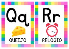 two posters with the words q and r in different languages, one has a slice of cheese