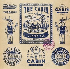 an old paper with various types of coffee labels on it, including deer and moose