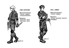 the concept art for an upcoming character in star wars, including two different armors