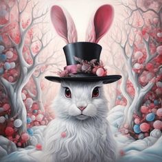 a painting of a white cat wearing a black top hat with bunny ears on it