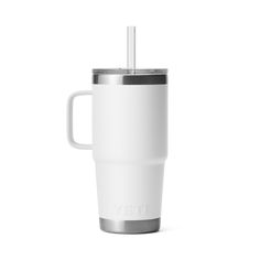 a white travel mug with a straw in the cup is shown on a white background