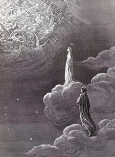 a man standing on top of a cloud covered sky next to a giant alien ship