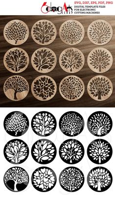 tree cutouts are shown in the shape of circles on a wooden surface and below them is