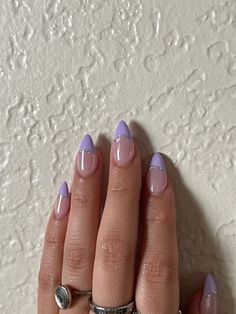 Purple Aesthetic Nails Almond, Almond Nails With Purple Tips, Lilac French Nails Almond, Purple Nails Inspo Almond, Nail Ideas Almond Shape Purple, Cute Lavender Nails French Tip, Lilac Nails Wedding, Purple French Tip With Design, Almond Nails Lilac Purple