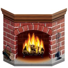 a brick fireplace with fire and logs on the side, in front of a white background