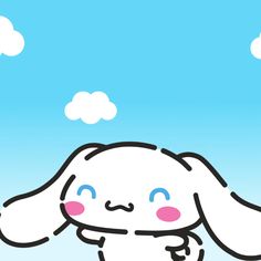 a white rabbit with blue eyes and pink nose sitting in front of a cloud filled sky