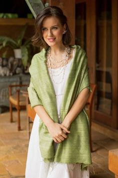 Silk shawl, 'Green Treasure' - Hand Made Silk Shawl #weddinggifts #weddingfavors #handmadeweddinggifts #fairtradeweddinggifts Trend Ideas, Paisley Shawl, Tie Dye Scarves, Silk Accessories, Silk Shawl, Silk Dyeing, Fresh Green, How To Dye Fabric, Raw Silk