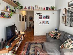 a living room filled with furniture and lots of pictures on the wall above it's entertainment center