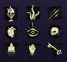 six different types of stickers on a dark background, each with an evil symbol