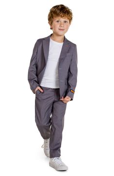 Classic and smart, this washable suit features traditional detailing to keep your child looking dapper plus a touch of stretch for all-occasion comfort. Suit coat has front button closure; pants have zip fly with button closure Suit coat has chest welt pocket; front flap pockets; one interior pockets Pants have front slant pockets; back pockets Jacket is lined 70% polyester, 27% rayon, 3% spandex Machine wash, tumble dry Imported Boys Suit Outfit Ideas, Christmas Blazer, Shirts For Teens Boys, Suits Prom, Grey Slacks, Man Blazer, Black Suit Jacket, Pockets Pants, Boys Fits