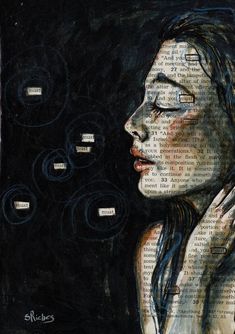 a painting of a woman's face with her hands on her head and words floating in the air