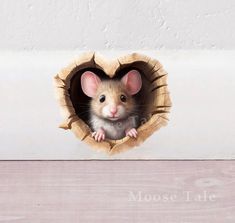 a small mouse peeks out of a hole in a piece of wood that has been cut into the wall