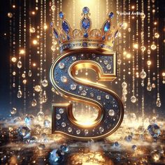 the letter s with a crown on top of it is surrounded by raindrops