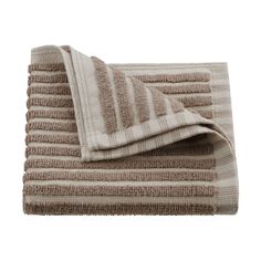 two towels folded on top of each other in brown and white stripes, with one folded over the edge