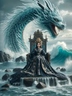 a woman sitting on top of a throne next to a large blue dragon in the ocean