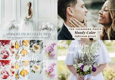 a collage of wedding photos with flowers and desserts on them, including the bride and groom