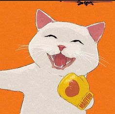 a white cat with its mouth open and holding a candy bar in it's right hand