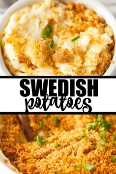 two photos with the words swedish potato casserole in black and white text overlay