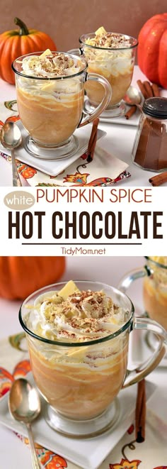 pumpkin spice hot chocolate in glass bowls with spoons