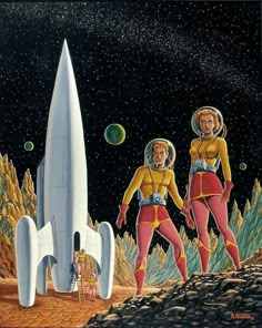 two people standing in front of a space rocket and another person looking at the sky