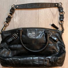 Coach Bag In Black. Excellent, Like New Condition. Purple Interior That Has No Staining. Has Purse Strap As Well. Coach Madison Bag Black, Purple Interior, Purse Strap, Coach Bag, Coach Bags, Satchel, Bag Lady, Like New, Purse