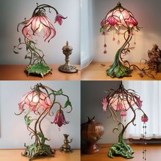 four different views of a lamp with pink flowers on the bottom and green leaves on the top