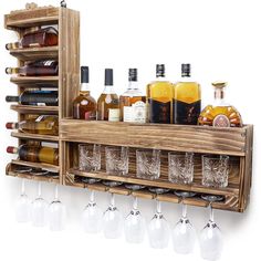 a wooden shelf with wine glasses and liquor bottles on the bottom, hanging from it's side