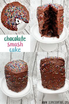 chocolate smash cake with sprinkles on white plates