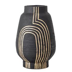 a black vase with gold lines painted on the outside and inside, sitting against a white background