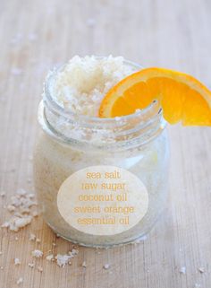 diy: summer scrub  1.sea salt  2. raw sugar  3. coconut oil  4. sweet orange essential oil (replace with olive oil and orange juice) Orange Sugar Scrub, Sugar Scrub Labels, Homemade Scrubs, Diy Body Scrub, Sweet Orange Essential Oil, Diy Scrub, Orange Creamsicle, Diy Spa, Diy Body