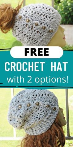 two crochet hats with the text free crochet hat with 2 options