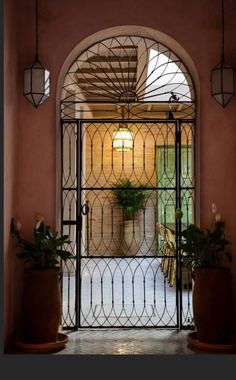 an iron gate with potted plants in front of it and the light coming through